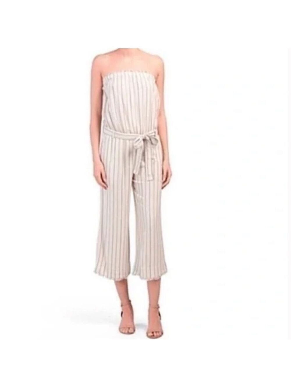 Cloth & STONE ANTHROPOLOGIE striped linen strapless cropped wide-leg jumpsuit M
